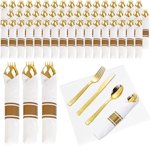 Vista 30 de WELLIFE Paquete de 50 cubiertos de plástico dorado, servilletas preenrolladas con cubiertos dorados, cubiertos martillados dorados desechables