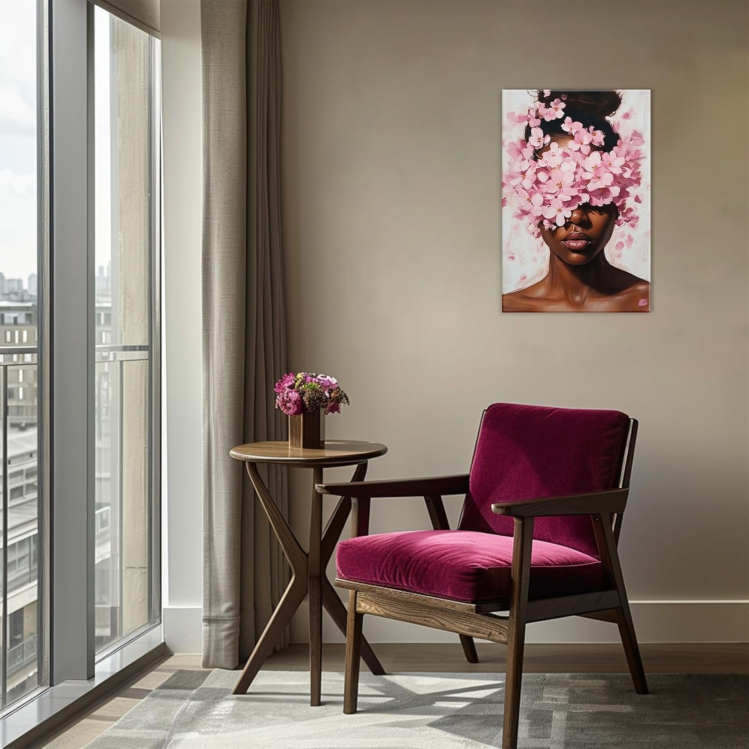 KPLUNDO Black Woman Wall Art Pink Black Girl With Floral Paintings African American Canvas Print Fashion Home Decoration Living Room Decor(Artwork-4,16"x24")