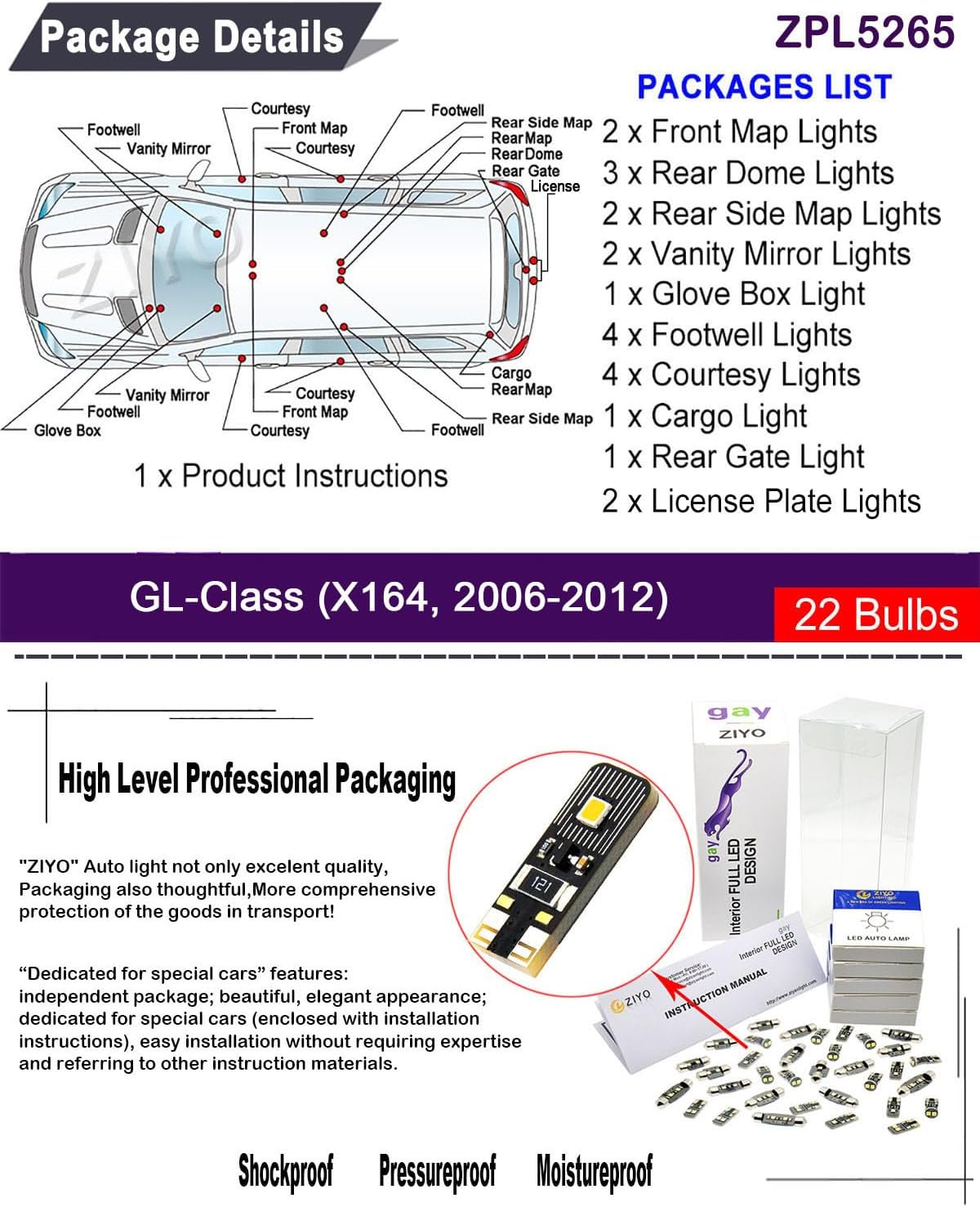 ZIYO ZPL5265- LED Interior Light Kit for Mercedes Benz GL Class X164 2007-2012 Dome Light Bulbs Package, 6000K Xenon White LED Lights Accessories Upgrade Error Free (22 Bulbs)