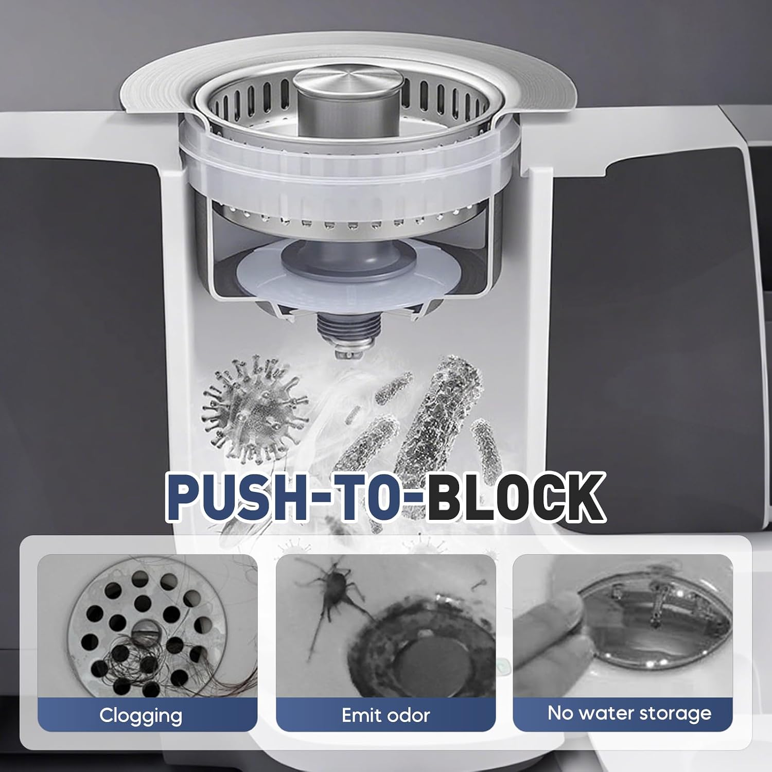Sink Drain Strainer, Sink Stopper Kitchen Drain, Pop-Up Sink Drain Plug with Anti-Clogging Basket, Fits Standard 3-1/2''Sink Hole, Kitchen Sink Accessories (3PC)