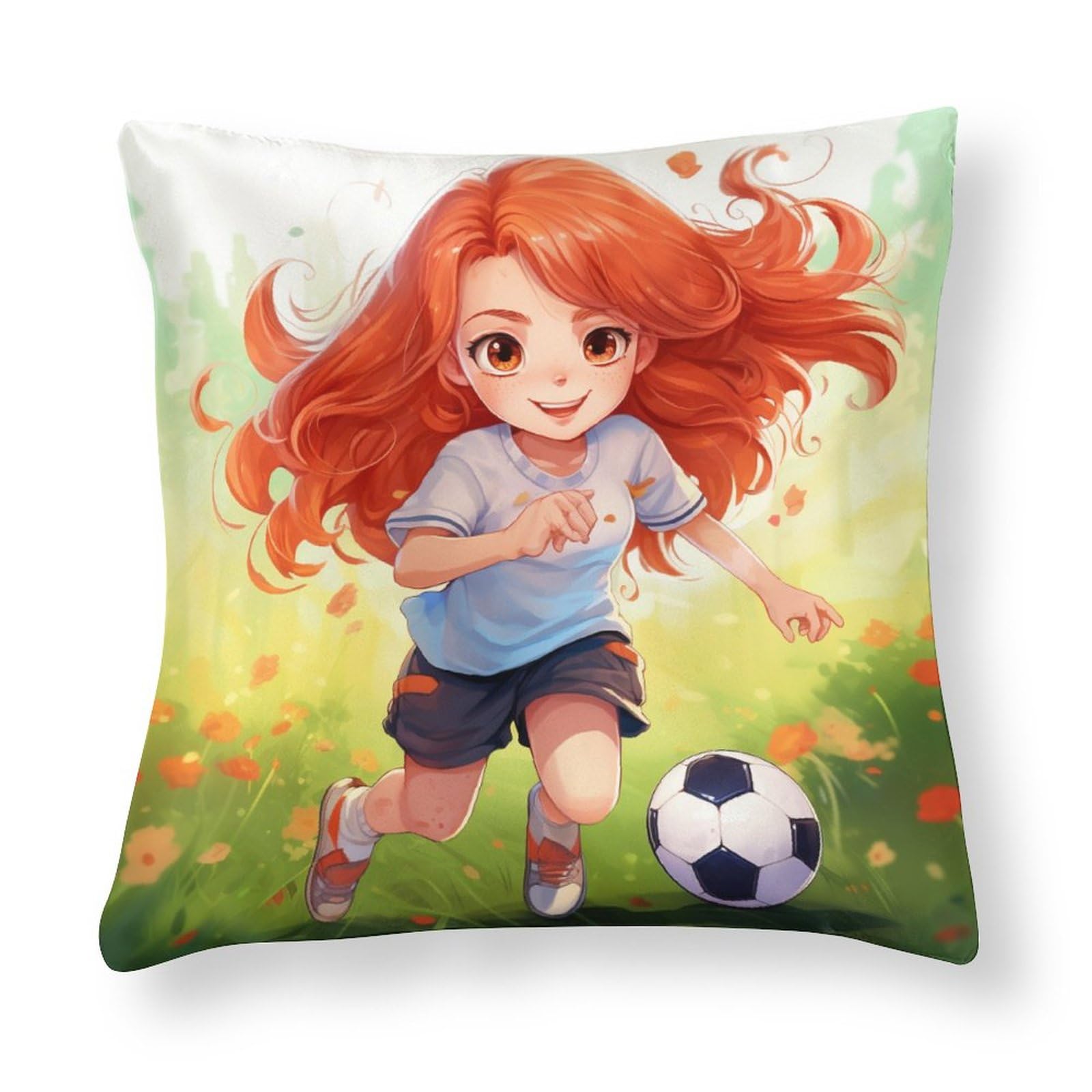 Satin Square Throw Pillow Covers Cute Cartoon Red Head Girl Play Soccer Decorative Pillow Covers Fun Sport Game Pillow Case Protector Zippered Home Decoration for Sofa Couch Living Bed Room 16