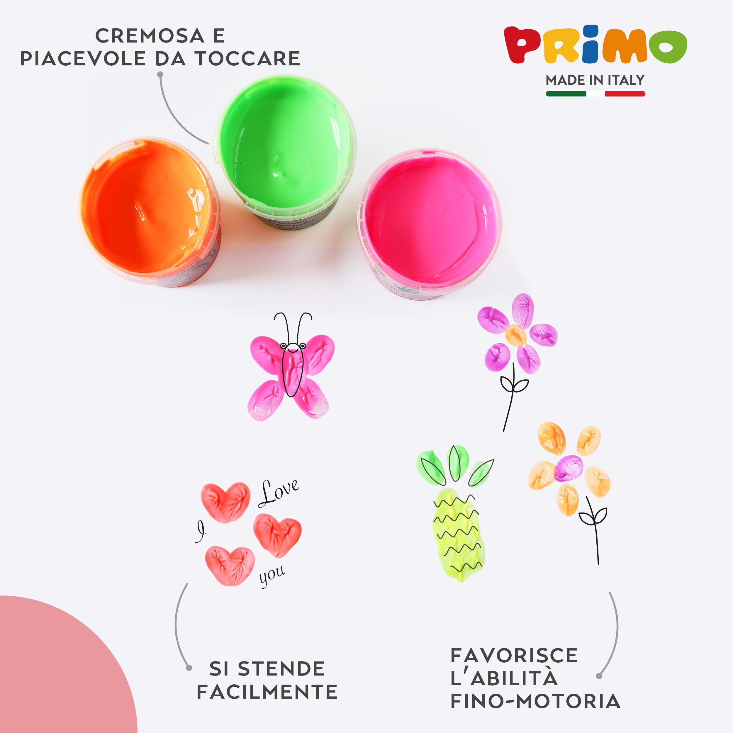 PRIMO - Valigetta Colori per Bambini +2 Anni Prima Infanzia, Tempere per Dipingere a Dita 100g 6 Colori Fluo per Carta Vetro, Tempera Pittura Cartoleria e Lavoretti Creativi Dermatologicamente Testata