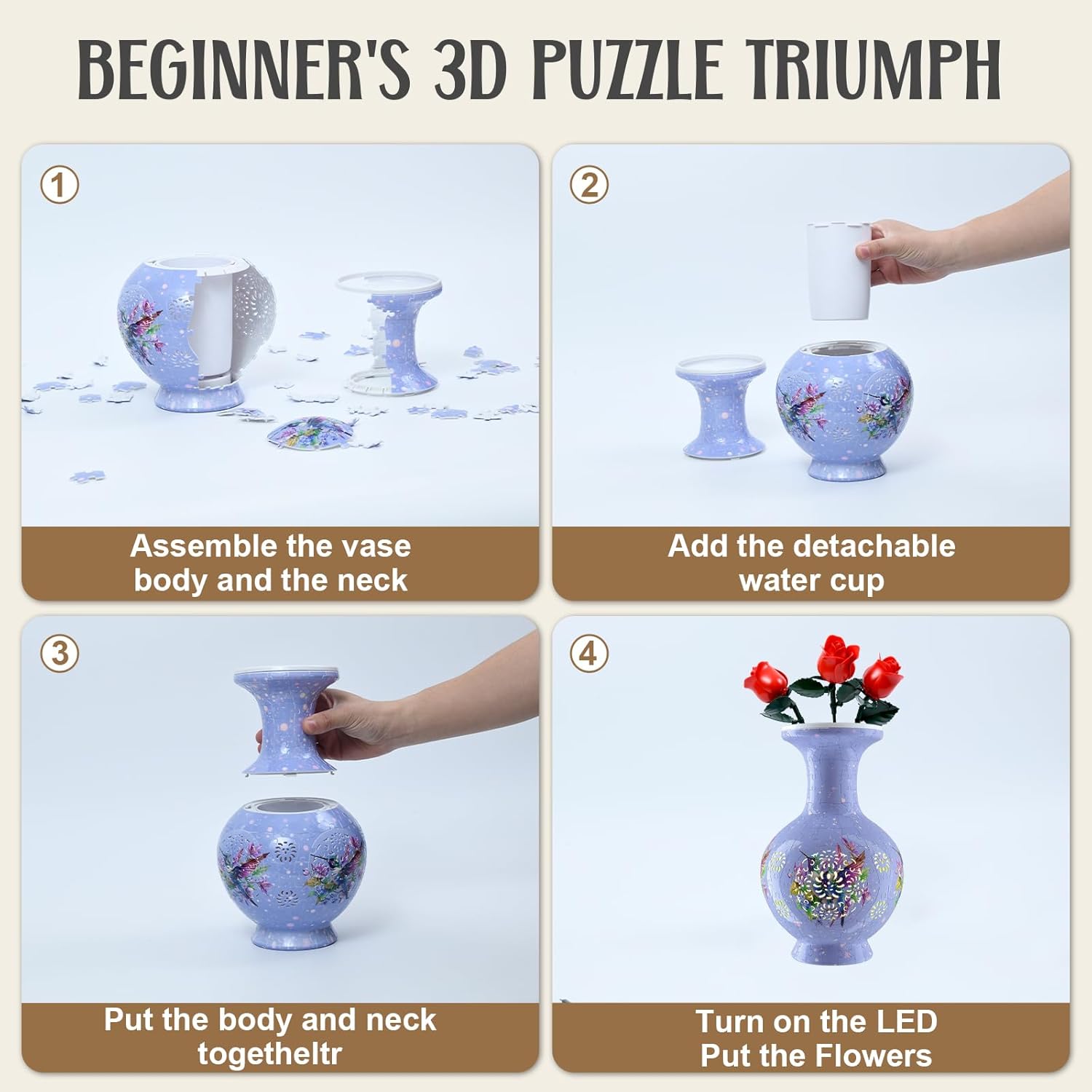 3D Puzzle Vase, 160 Curved Pieces DIY Flower Vase Craft Kit & 3D Puzzles for Adults, Creative Jigsaw Art Project Home Décor Centerpiece, (C-Lavender Purple)