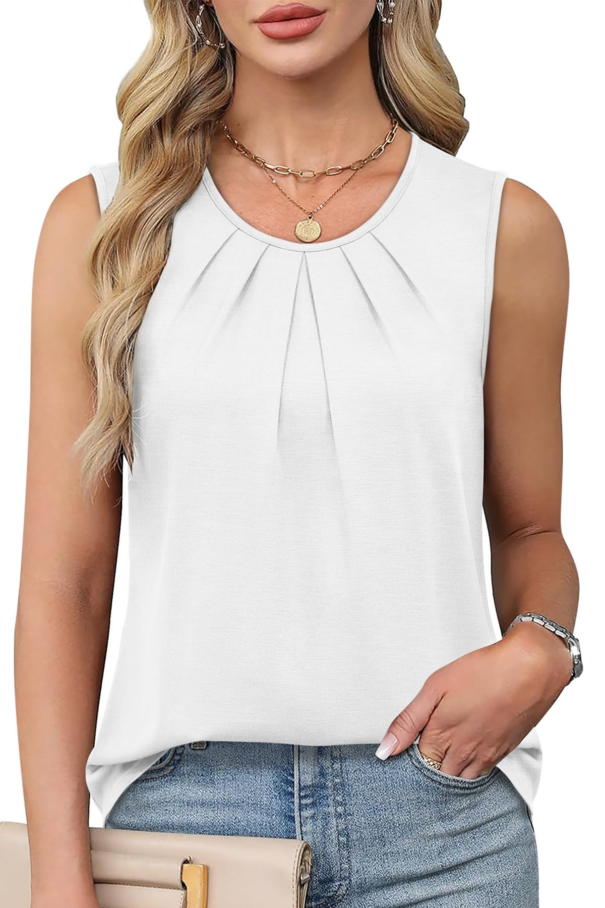 WIHOLL Flowy Tops for Women Business Casual Outfits Pleated Front Tank Tops Loose Fit