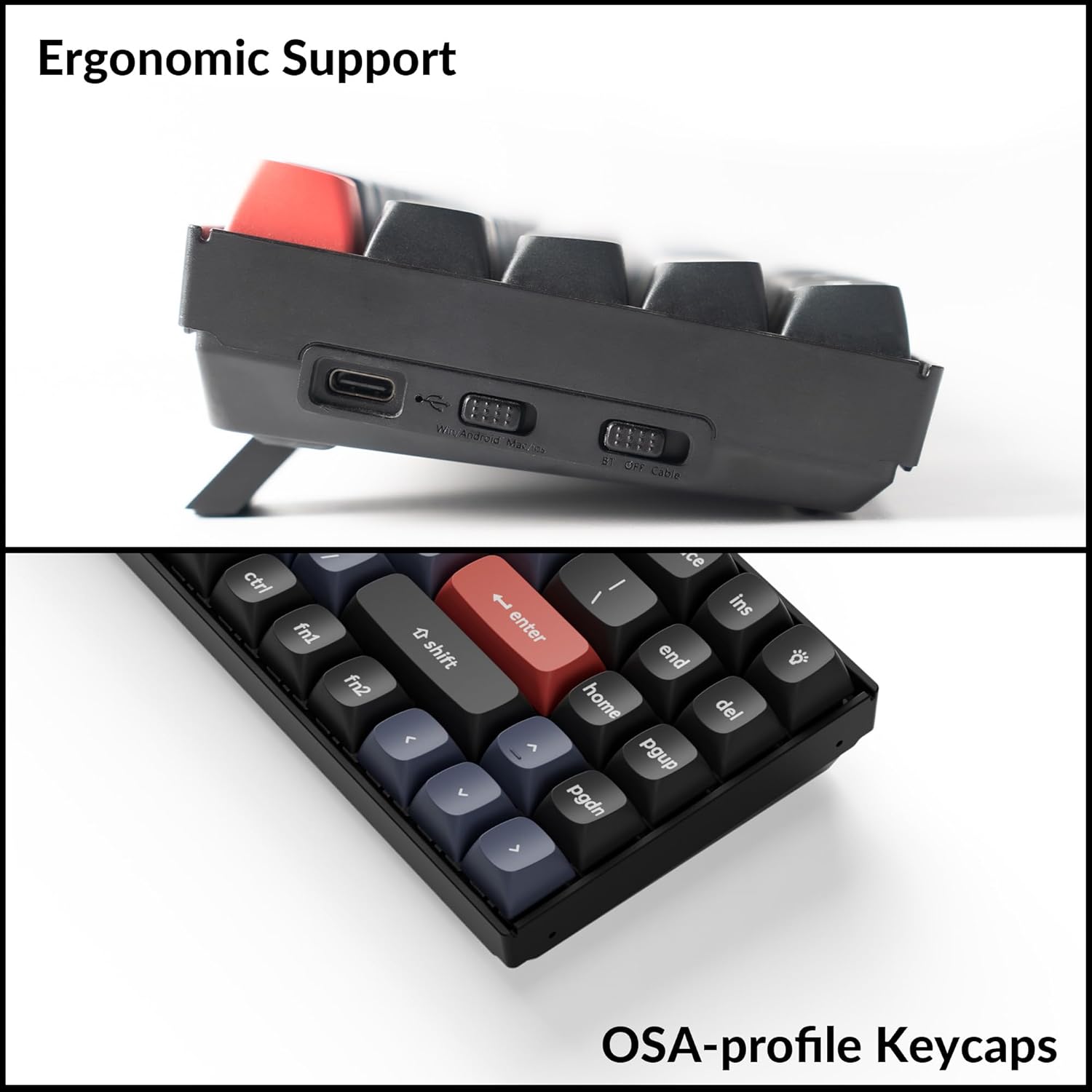 Keychron K14 Pro keyboard with illustrations showing macOS/Windows compatibility switch and Alt key variations