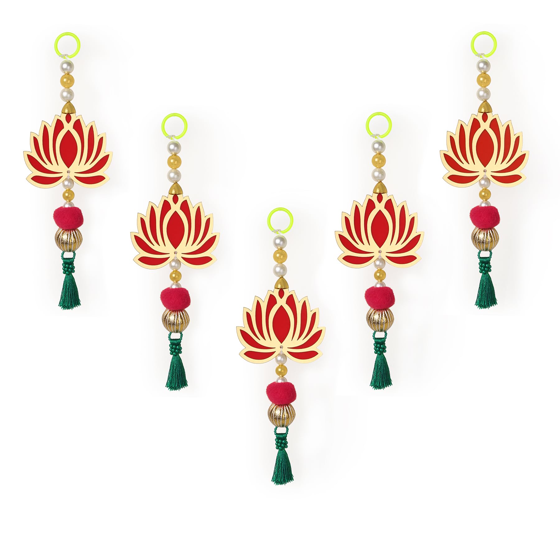 Lotus Hangings for Diwali, Wedding, Temple, and Festival Decoration, Floral Wall Hangings, Latkan Toran, Wood Showpiece, 22.8 cm x 9.6 cm, Pack of 5