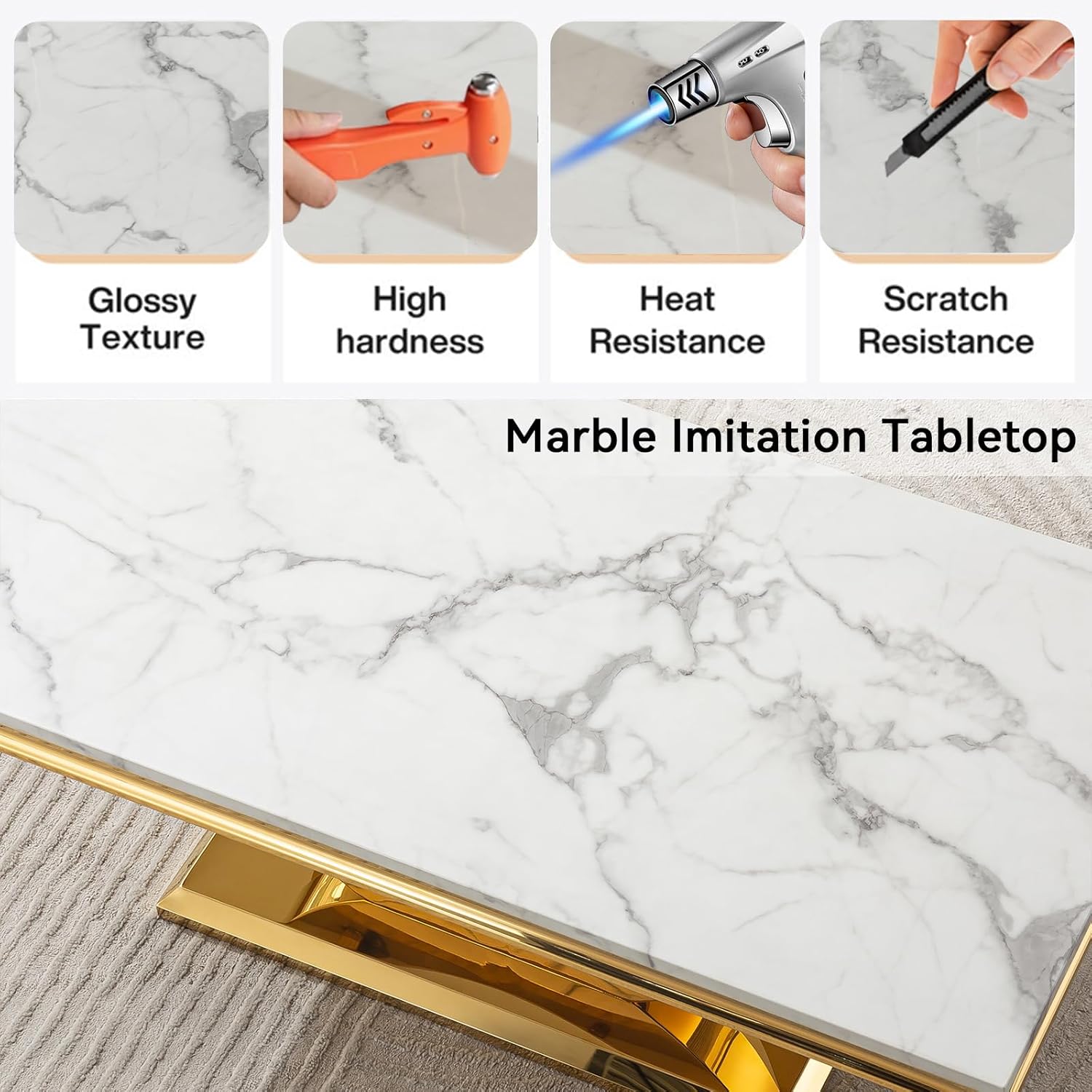 Goujxcy Modern Marble Coffee Table Luxury Gold Center Table with Geometric U-Shape Stainless Steel Pedestal Base 47"" Elegant White Marble Coffee Cocktail Table Couch Table for Living Room Office