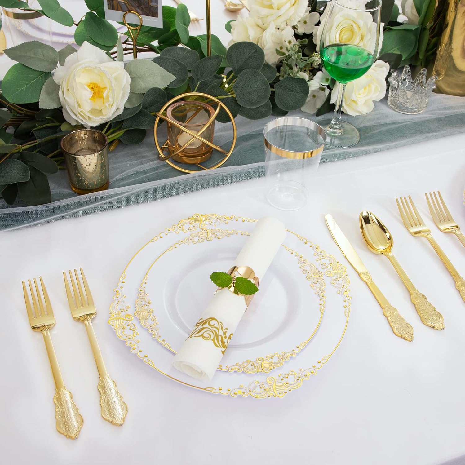Nervure 700PCS Gold Plastic Plates - Gold Plastic Dinnerware Sets for 100 Guests - 175PCS White and Gold Plastic Plates - Gold Disposable Dinnerware Set