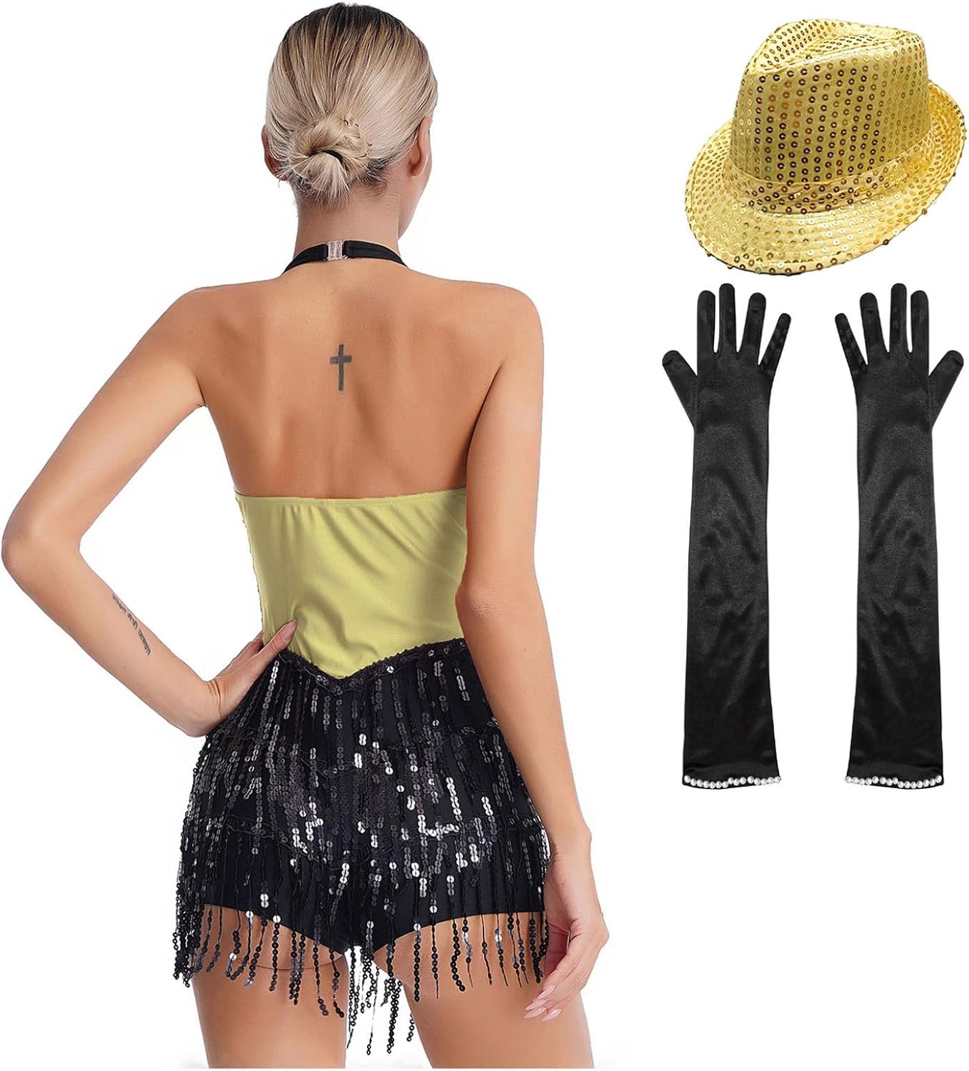Loyan Women Latin Jazz Dance Costume Sparkly Sequins Tuxedo Jumpsuit Ballroom Dance Dress Gloves Hat