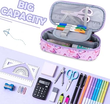 RHCPFOVR Kids Pencil Case for Girls-Soft Zipper Large Capacity Pencil Pouch for Girls Pencil Case for School Pencil Bag for Toddler (Purple Butterfly)