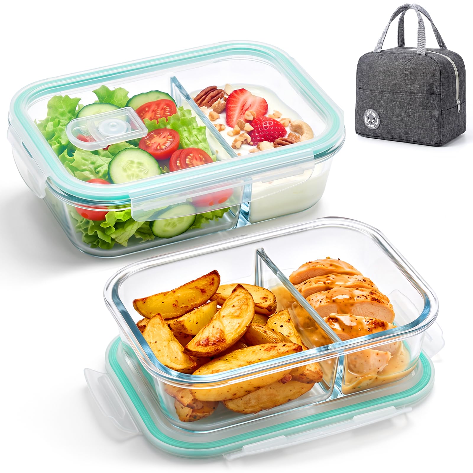 Toyzy 2 Pack meal prep containers glass 2 Compartment 1040ml, for Office