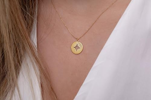 Vista 2 de Round Compass Necklace for Women, Dainty Compass Disc Necklace in Solid Gold 9K,14K, &18K, Perforated Compass Necklace Open Compass