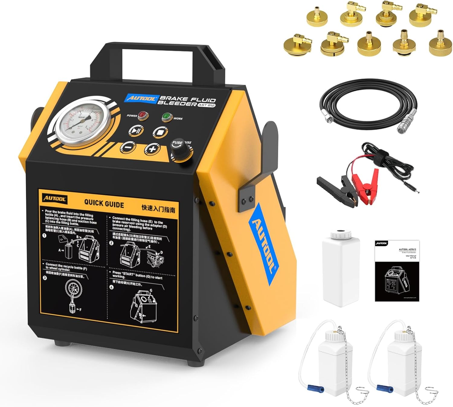 AUTOOL Brake Fluid Bleeder, 12V Electric Brake Fluid Exchange Machine with 9 Adapters, 5-Minute Pulsation Oil Change, One-Person Operation & Simultaneous Two-Wheel Refilling for Cars