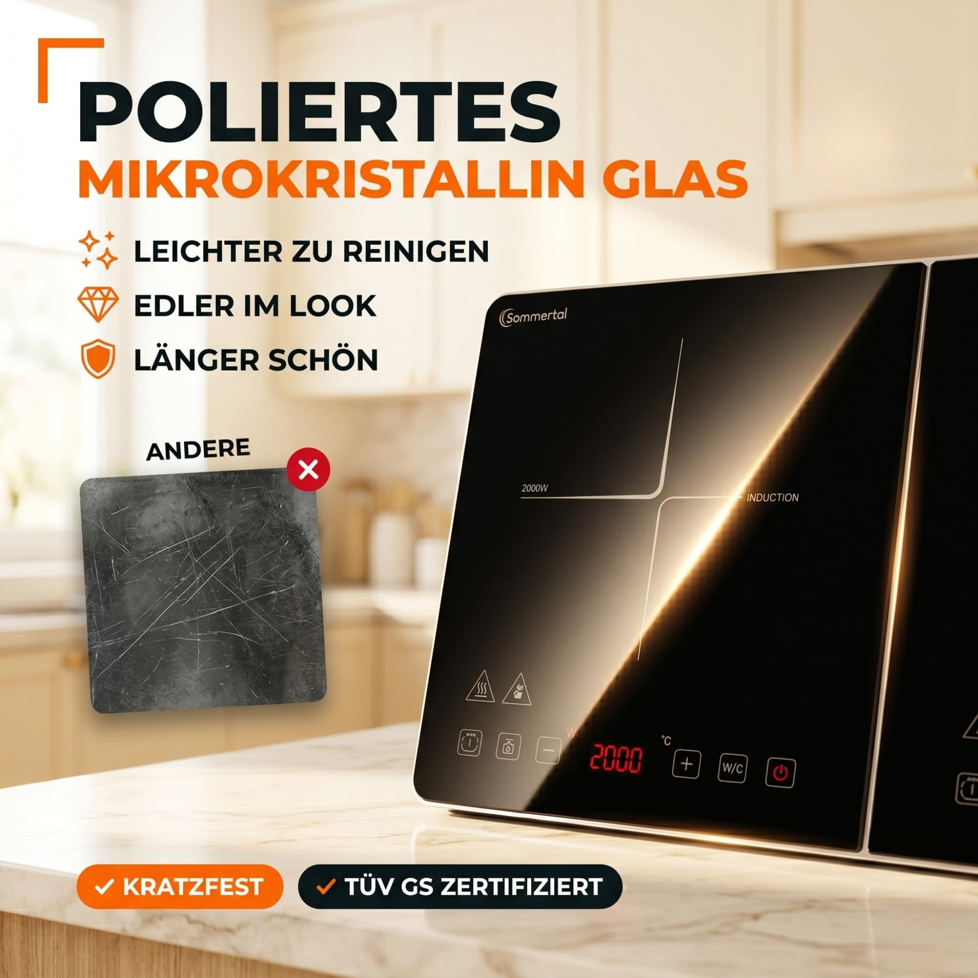 Sommertal Induktionskochfeld 2 Platten 3500W tragbar Touch-Bedienung 240°C Timer