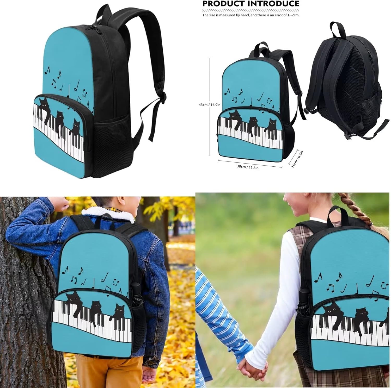 Music Cat Backpack for Musis Students Music Teacher 3 Packs School Backpacks Set Back to School Piano Keys Musical Notes Print Bookbag+Insulated Lunch Bag+Pencil Case