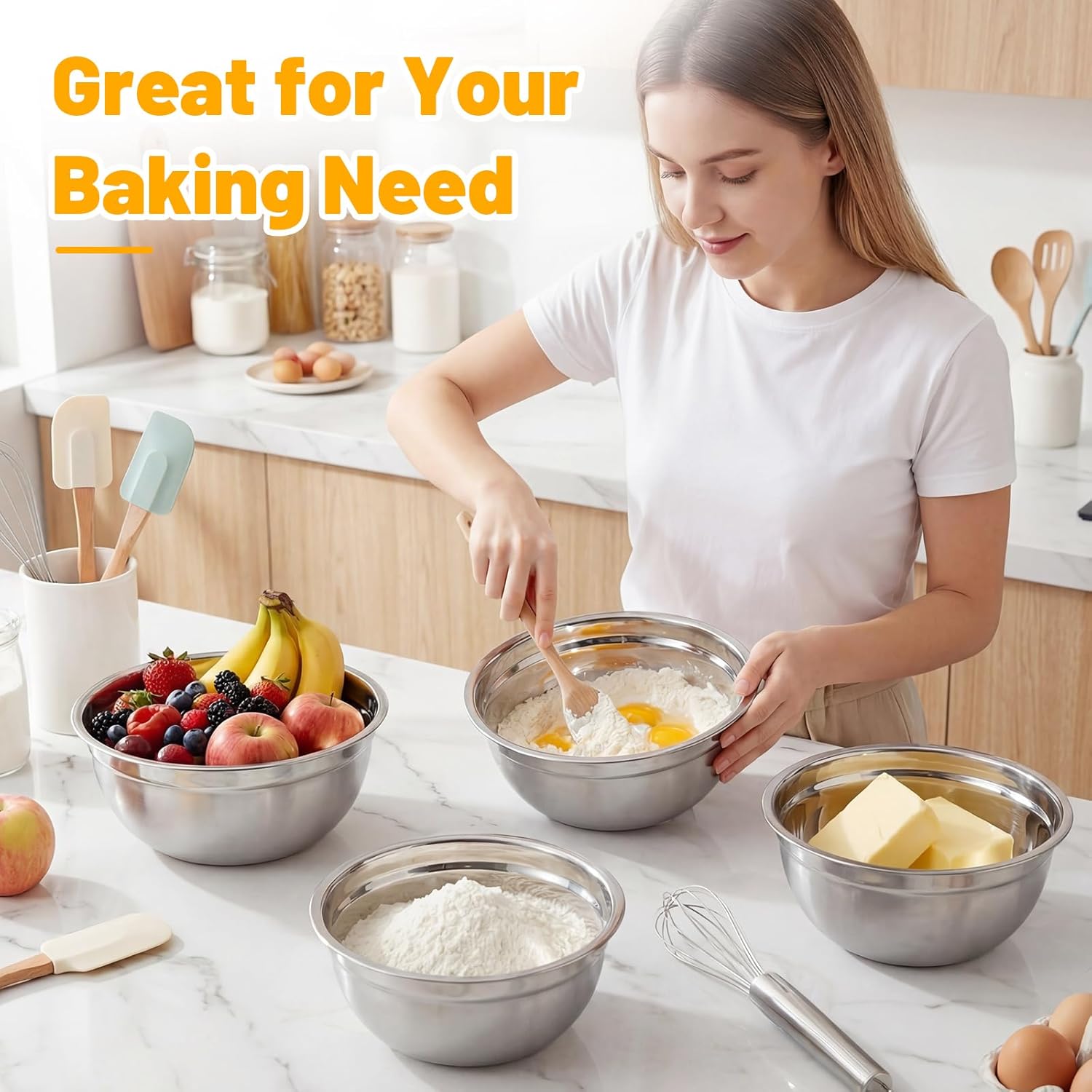 Beasea Mixing Bowls Set of 5, 3.4 QT Unbreakable Stainless Steel Mixing Bowls with Lids for Kitchen, Prepping, Food Serving, Storing, Nesting Metal Baking Bowl with Lid for Bread Dough, Cream, Batter