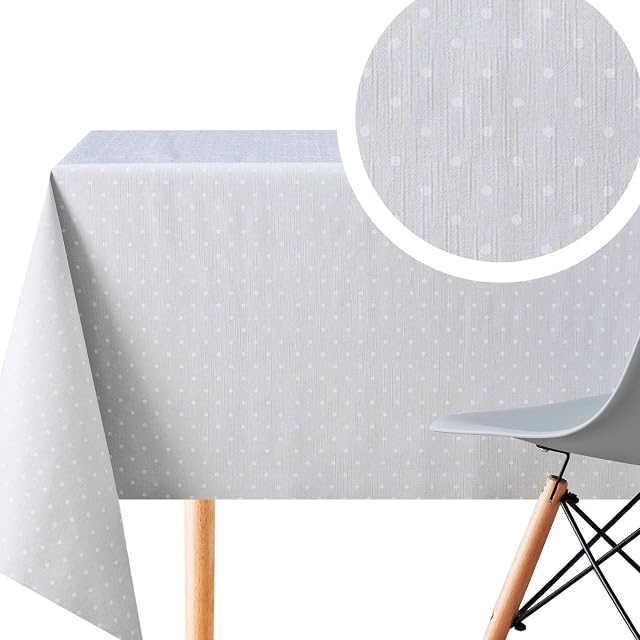 KP HOME Large Grey With White Polkadot PVC Wipe Clean Tablecloth - 250 x 140 cm - Dotty Polka Dot Design Embossed Thick Rectangular Wipeable Vinyl Plastic Disinfectable Table Cloth