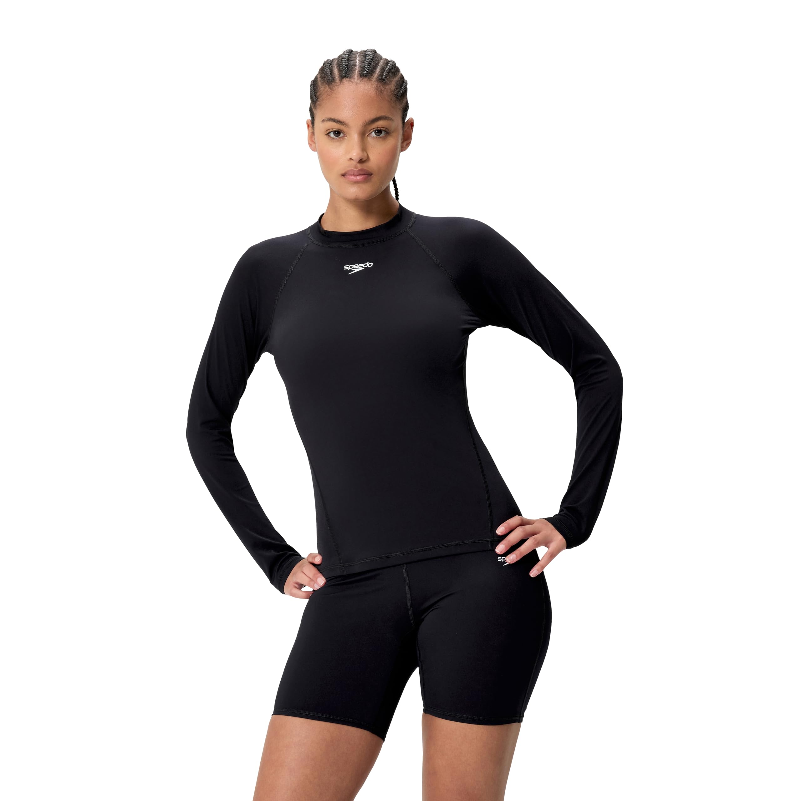 Speedo Women's End+ Long Sleeve Swim Rash Top, Black, XXS