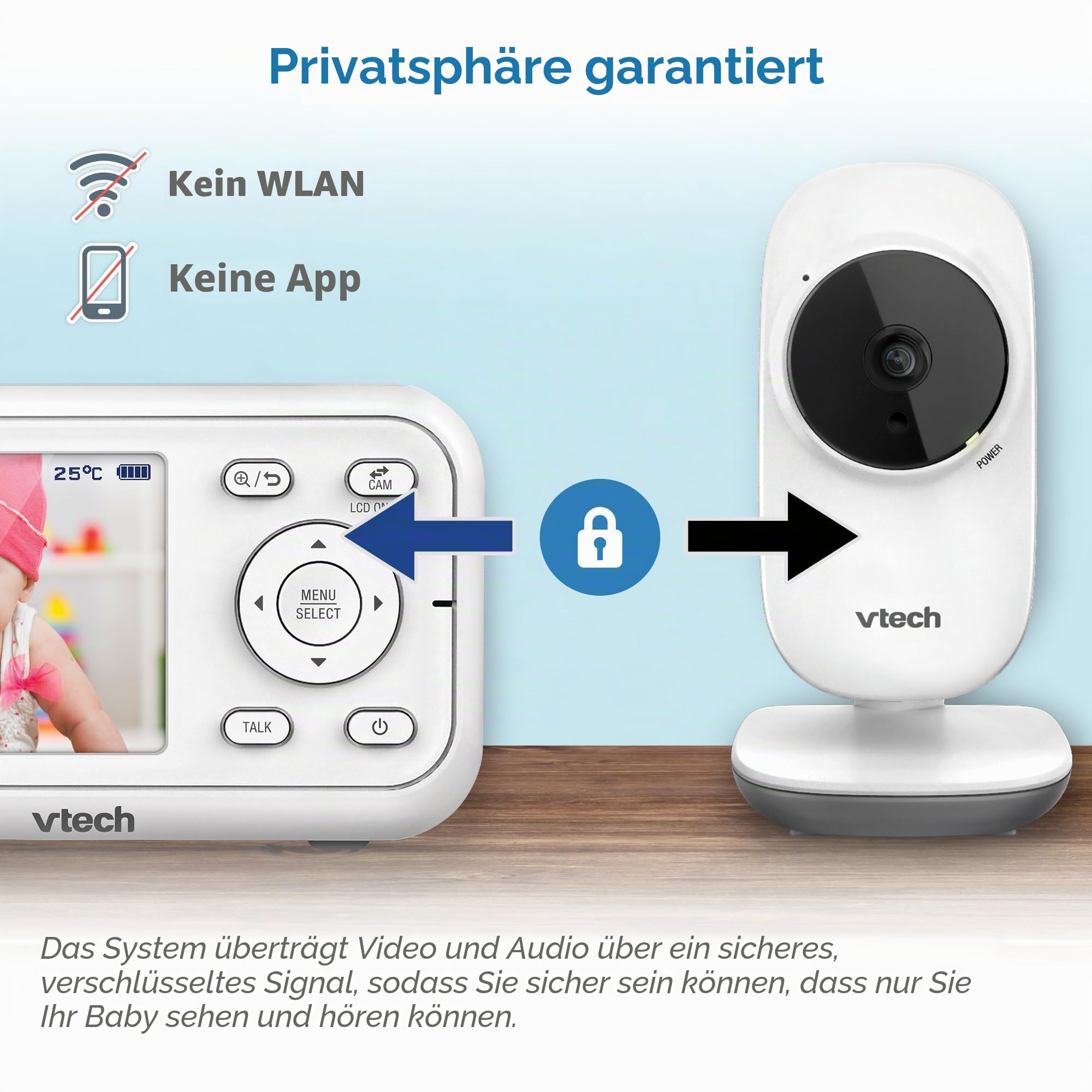 VTech VM3250 Video-Babyphone mit Kamera, 300 m Lange Reichweite, Babyphone mit 7,1 cm LCD-Bildschirm, bis zu 19 Stunden Video-Streaming, Nachtsicht, sichere Übertragung, Temperatursensor, beruhigende