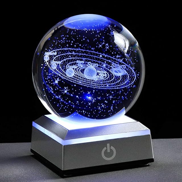 CUQOO 3D Solar System Crystal Ball with LED Colourful Lighting  80mm Planets Model Decor Science Astronomy Gifts | Engraved Universe Planet Sphere Easter Home Decorations for Children