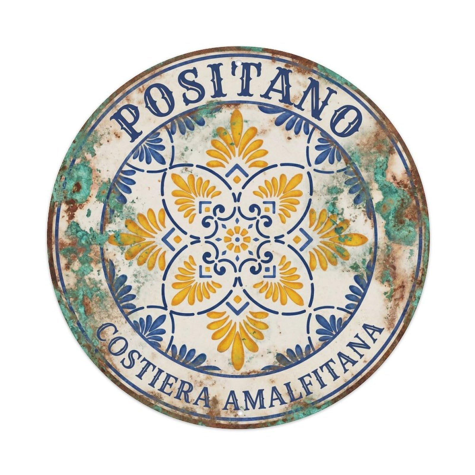 Campania Positano Seaside Crest Vintage Mediterranean Metal Tin Sign Plaque Wall Decor for Cafe, Man Cave, Club Bar, Office, Home Garden Round Metal Poster 8x8Inch
