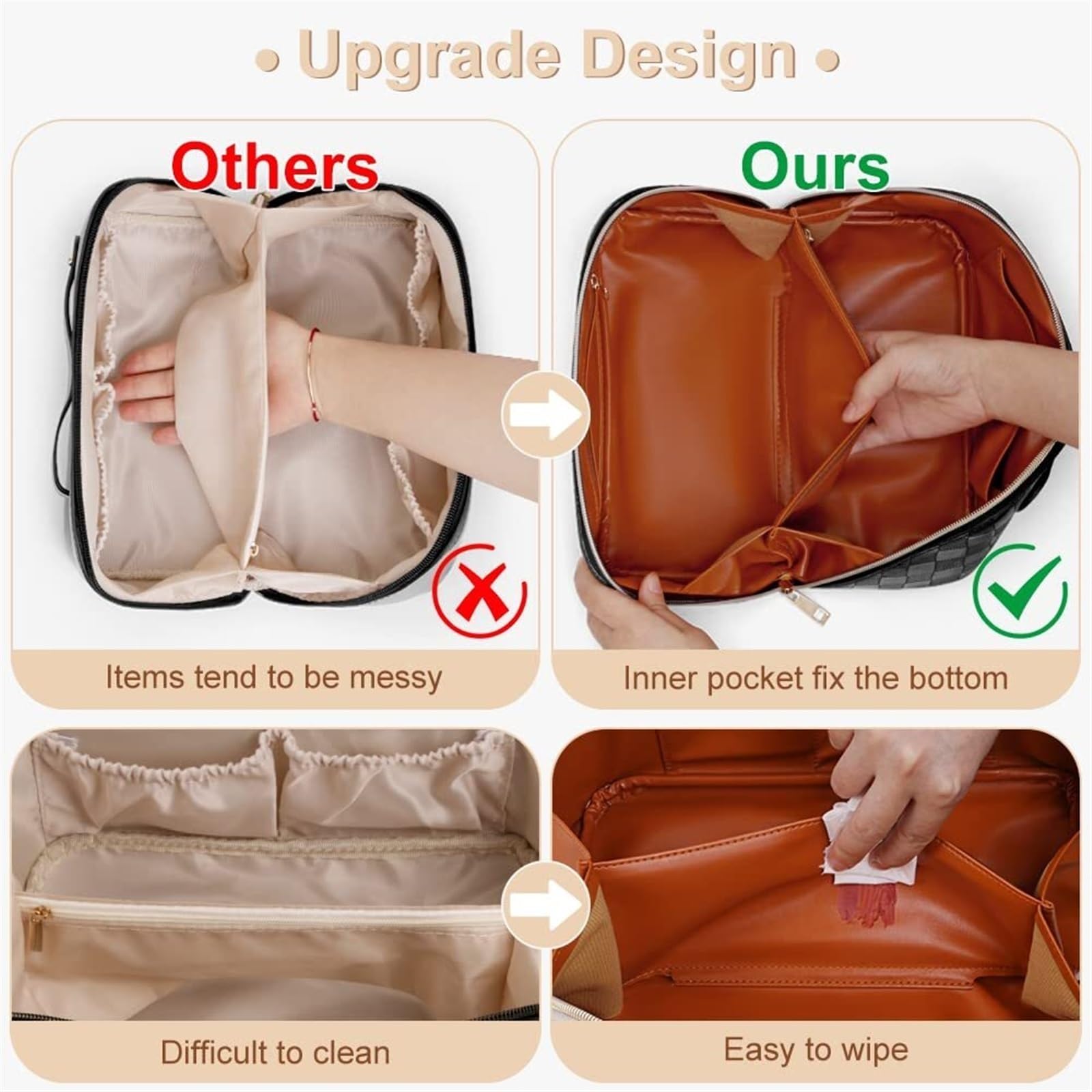 Borsa per Cosmetici Borsa for Cosmetici da Viaggio Borsa for Trucchi Scozzese A Quadretti Borsa Portatile in Pelle con Manico E Scomparti Borsa da Trucco(White)
