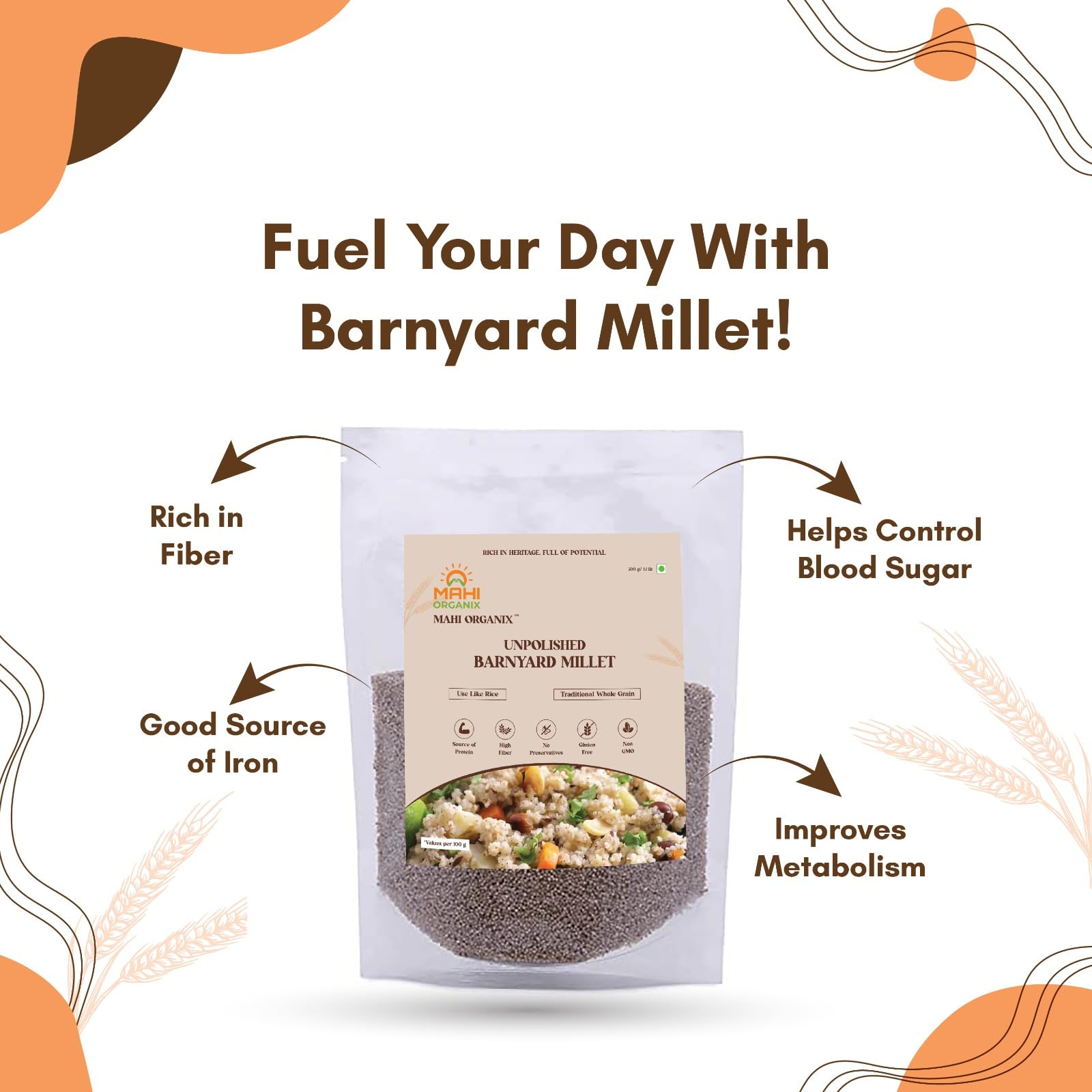 Mahi Organix Unpolished Barnyard Mille,- (Khira/Swank/Kuthiraivally/Udalu/Kodisama) | High Protein & 100% More Fiber Than Rice | Pack of 4, 500g x 4 4