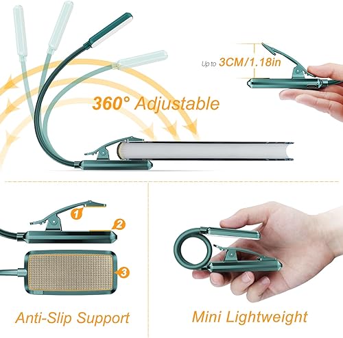 Vista 91 de Gritin Luz de libro recargable de 9 LED para leer en la cama, cuidado de los ojos, 3 temperaturas de color, brillo de atenuación continua, 80 horas