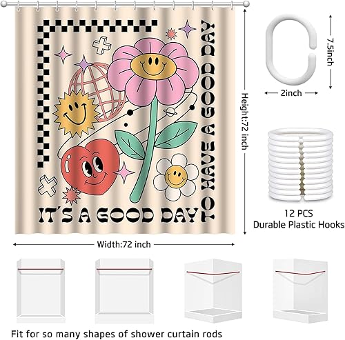 Miniatura 4 de Aperturee Cortina de ducha de 72 x 72 pulgadas con diseño de flores, diseño de margaritas, corazón, bohemio, retro, hippie, Funky de los años 70 y