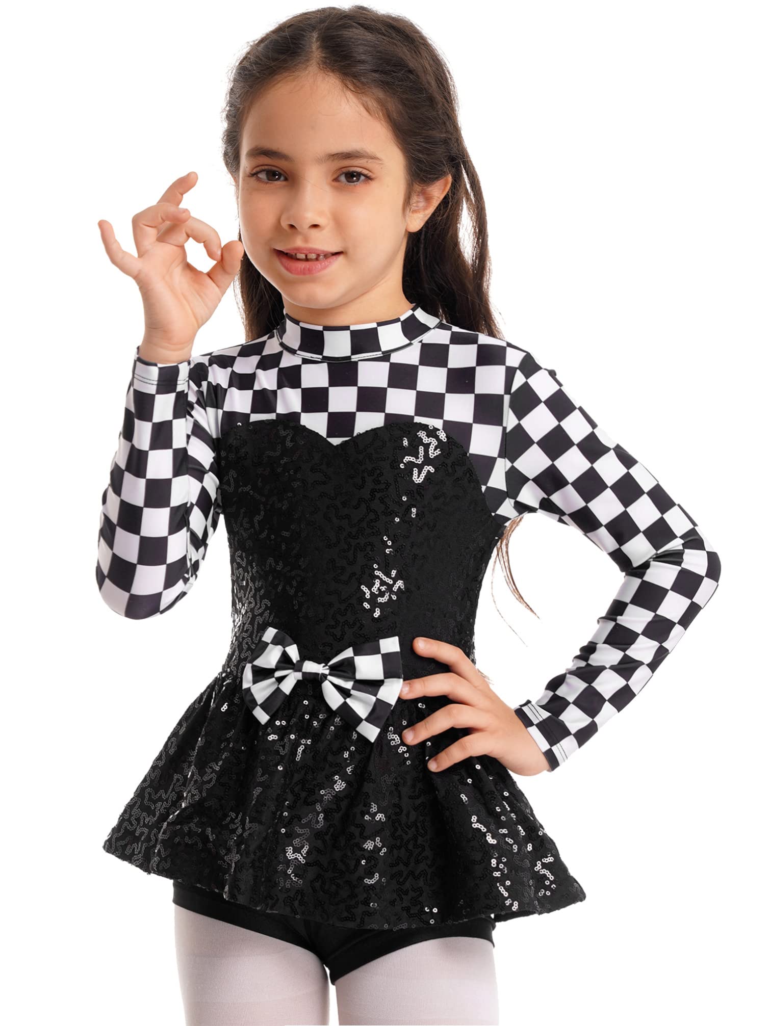 TiaoBug Disfraz Brillante de Baile para Niña Manga Larga Maillot de Circo a Cuadros Mono de Danza Gimnasia Disfraz Conductor de Coche de Carreras Cosplay Halloween