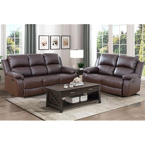 Reclining Sofa and Loveseat Living Room Furniture Sets, Brown Bonded Leather Recliner Sofa Loveseat Recliner Couch Set for House Living Room Apartment(BROWN,SOFA and LOVESEAT)