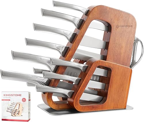 KINGSTONE Juego de cuchillos de cocina con bloque, juego de 14 cuchillos de acero inoxidable alemán con afilador integrado, juego de bloques de