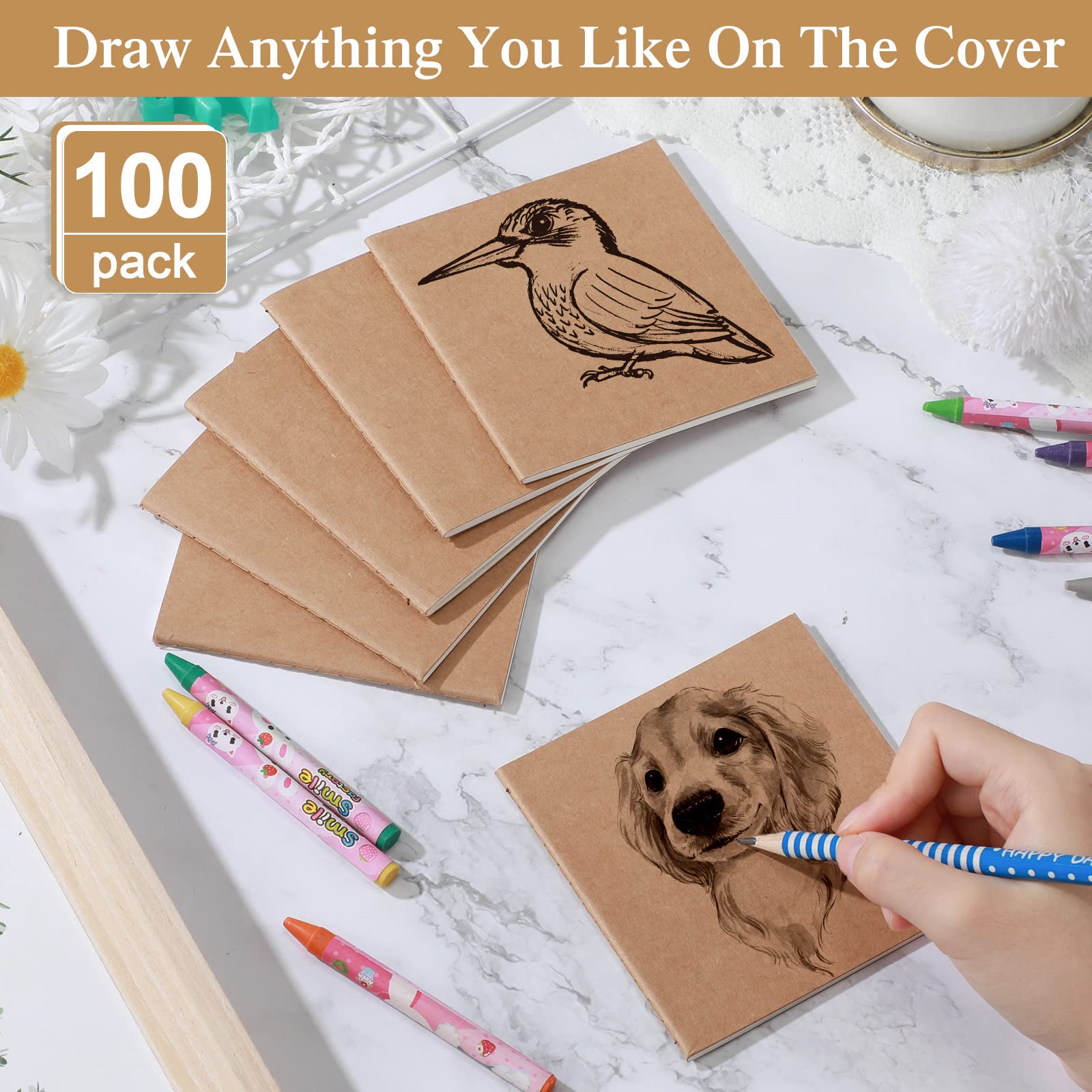 Set di 100 mini quaderni vuoti, piccoli quaderni in carta kraft, non foderati, diari tascabili, per bambini, schizzi, forniture per ufficio, 10,2 x 10,2 cm, piccoli quaderni da disegno con 24 fogli