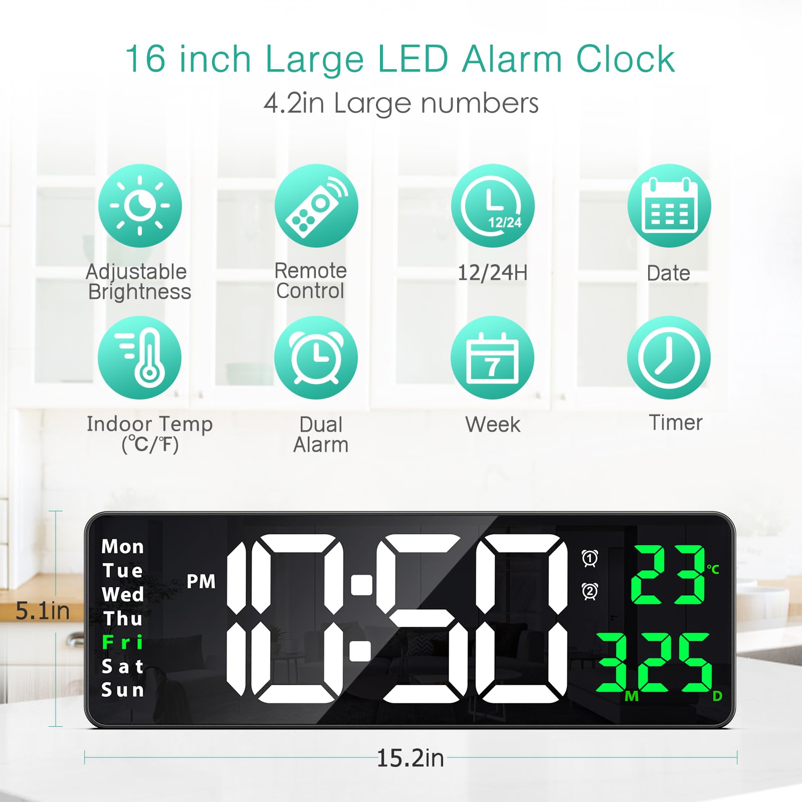 Réveil Numérique LED ORIA - Écran 6.5", 5 Luminosités, 4 Alarmes, Température, Alimentation USB/Piles, Noir
