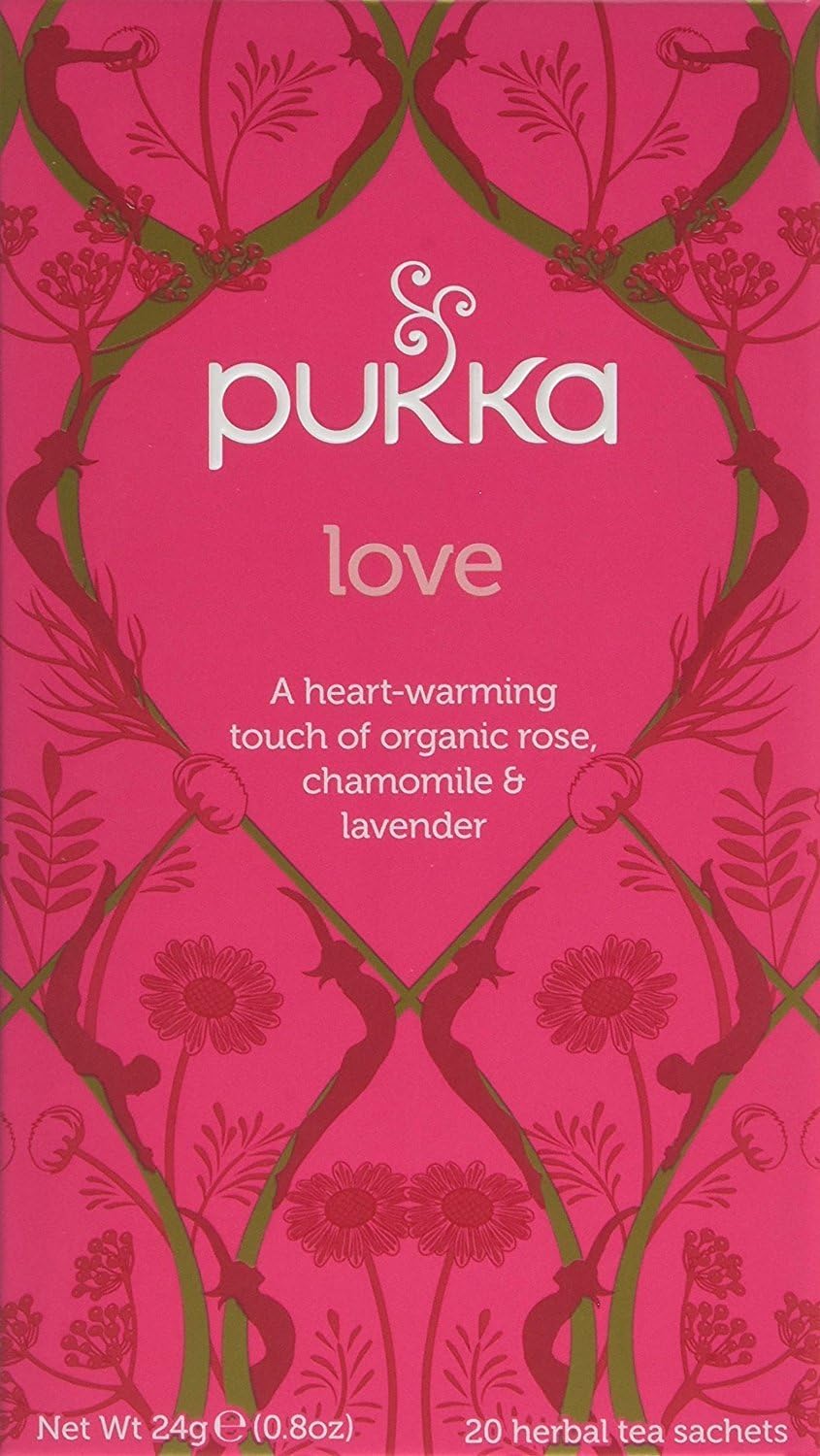 Pukka Herbs | Love Organic Herbal Tea Box | Chamomile, Lavender and Rose | Perfect For Uplifting Spirits | Caffeine Free | 4 Packs | 80 Plant Based Biodegradable Tea Bags