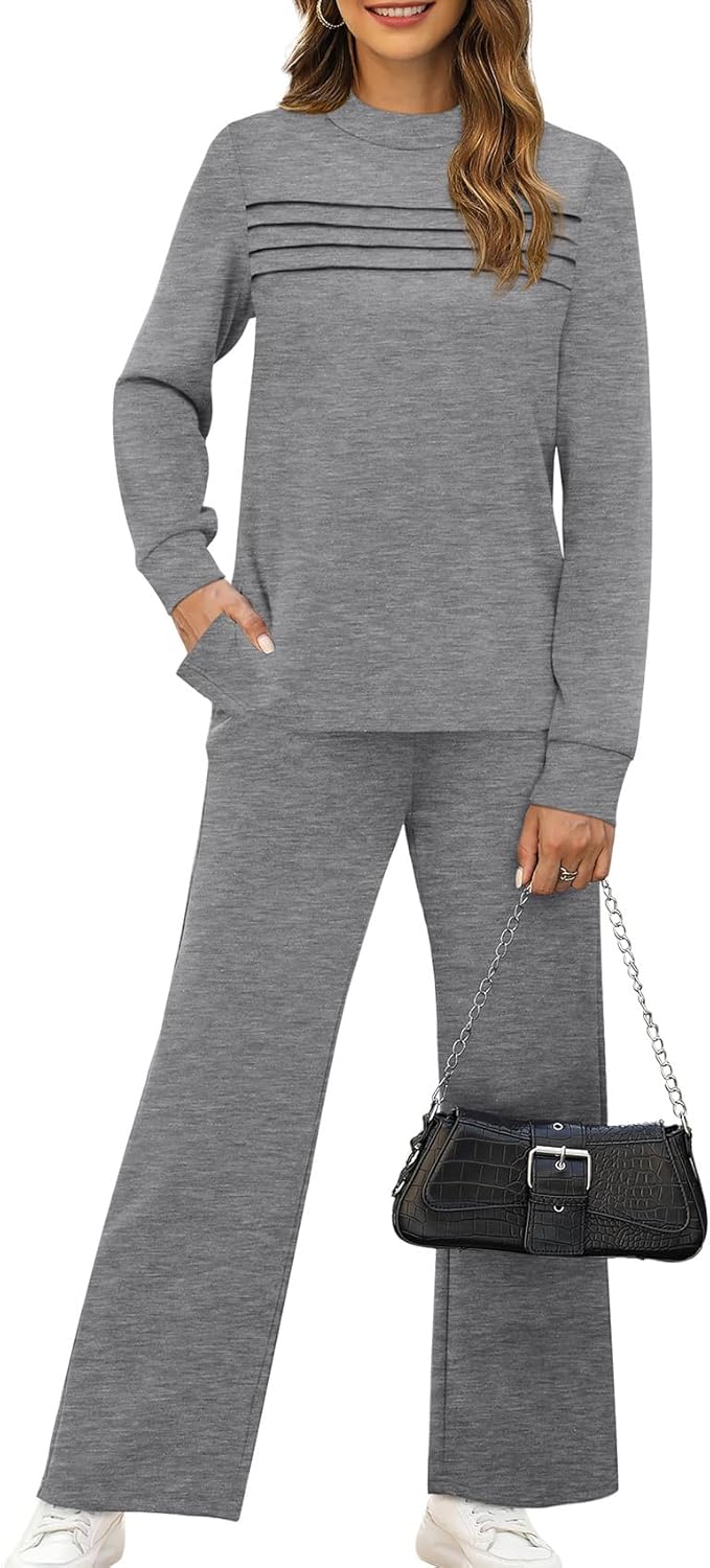 WIHOLL Two Piece Sets for Women Fall Travel Vacation Outfits 2026 Long Sleeve Lounge Sets Side Slit Wide Leg Pants S-3XL - Image 2