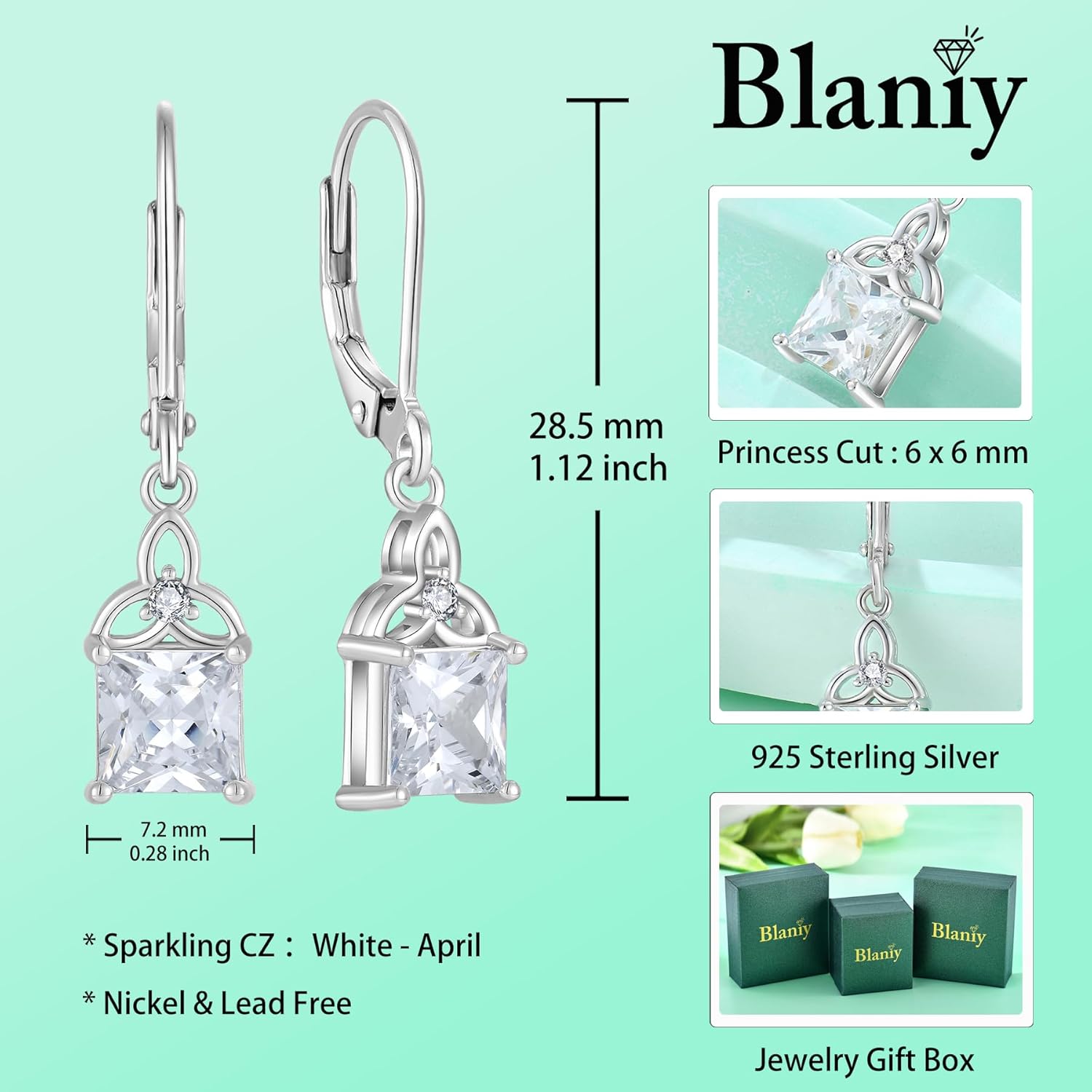 Celtic Knot Dangle Drop Earrings 925 Sterling Silver Princess Cut Leverback Earrings Birthstone Earring Trinity Irish Good Luck Jewelry Gifts for Women - Image 6