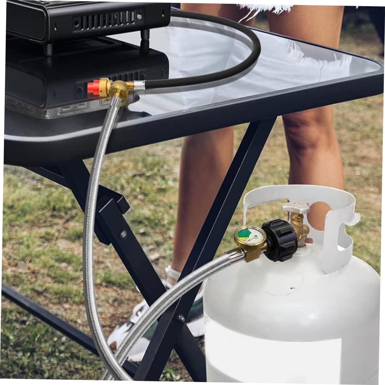 UPKOCH 2pcs RV Propane Hose with Gauge 15-Inch Low-Pressure Connection for RV Camping Stainless Steel Propane Tank Hose and Regulators