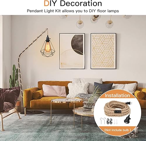 Miniatura 8 de Kit de luces colgantes de 16.5 pies, luces colgantes con cable de enchufe e interruptor, lámpara colgante de cuerda de cáñamo E26, cable de linterna