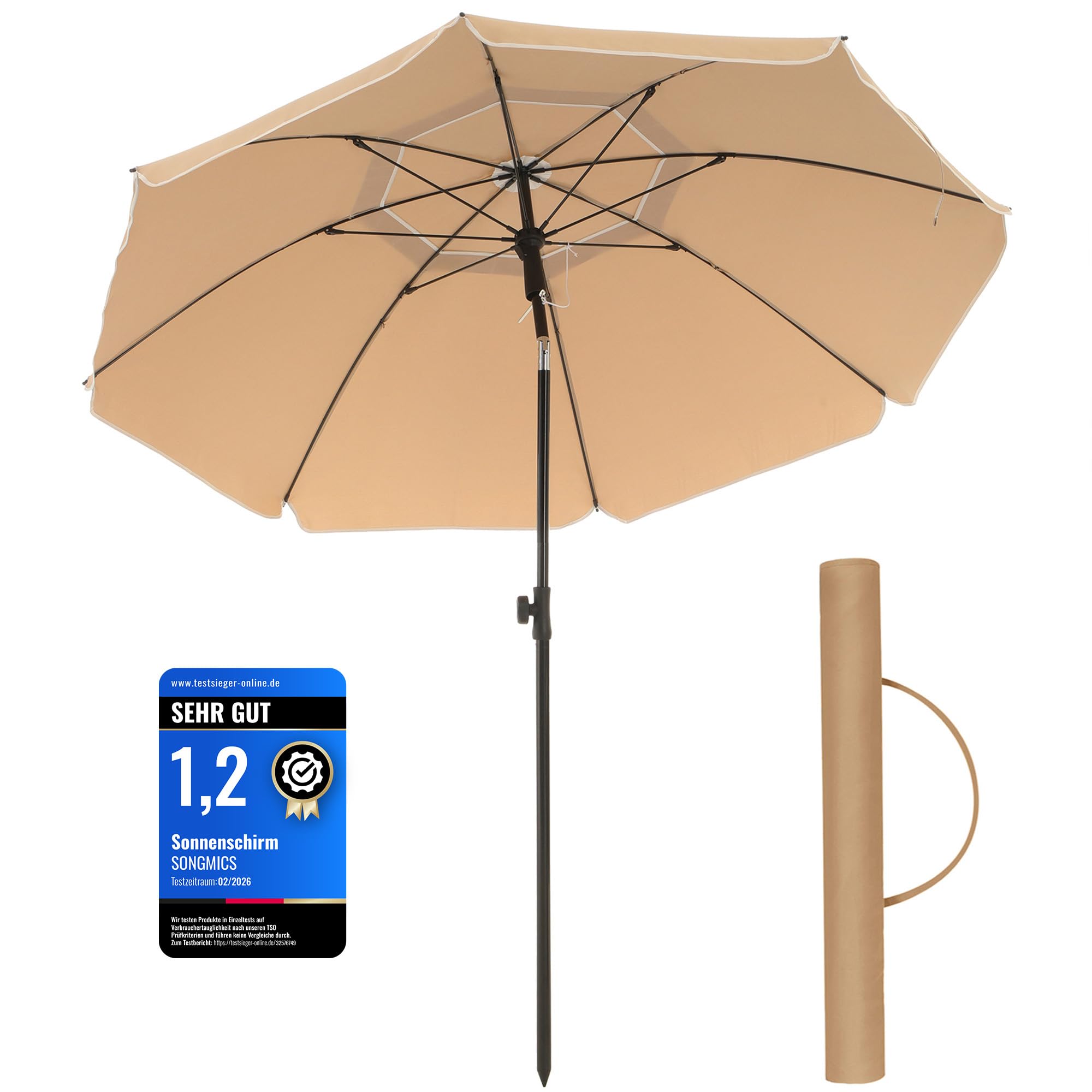 SONGMICS Sonnenschirm, 200 cm, Sonnenschutzfaktor 50+, um 30° in beide Richtungen neigbar, höhenverstellbar, mit Tragetasche, für Balkon, Garten, Terrasse, Strand, ohne Sockel, Taupe GPU65BRV1