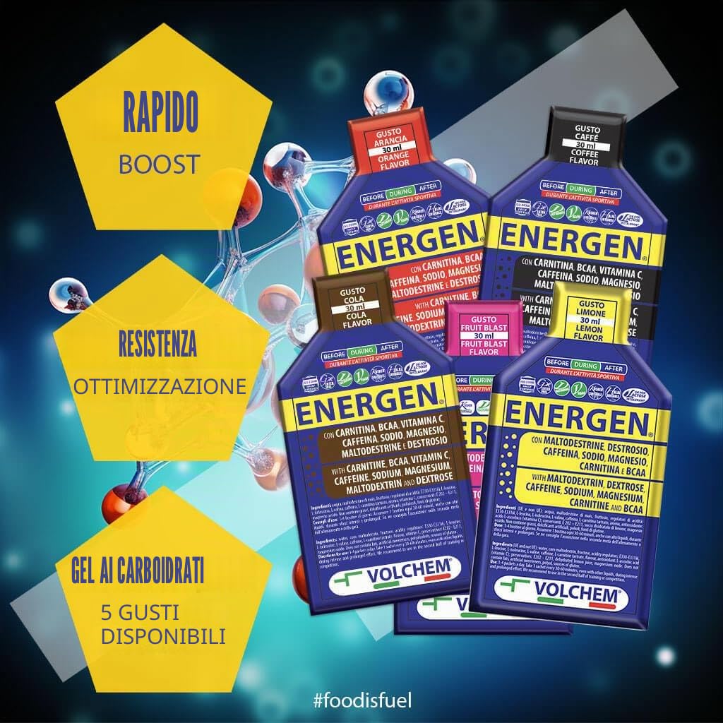 Volchem Energen 30, Gel Energetico con Maltodestrine, Destrosio, Aminoacidi Ramificati e Carnitina, Contiene Sodio, Magnesio e Caffeina, 1 Scatola con 30 Bustine Monodose, 900 ml (Limone)