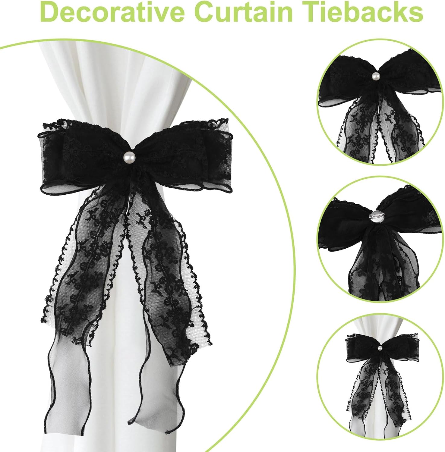 4Pcs Bow Curtain Tiebacks, Elegant Bow Butterfly Curtain Tiebacks with Pearls Sweet Lace Drapes Holdbacks Buckles for Home Decorative(Black)
