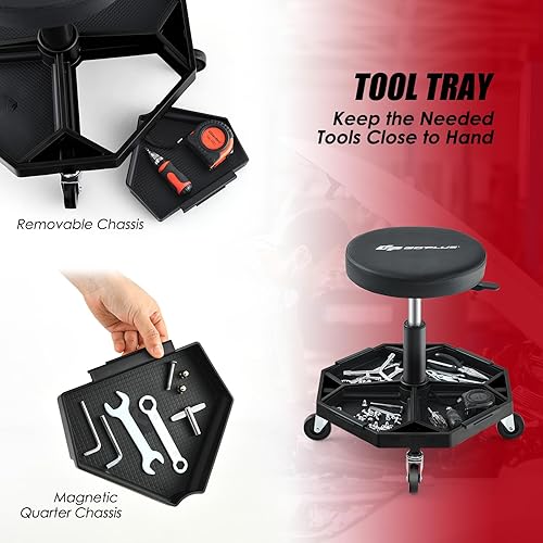 Miniatura 23 de Goplus Taburete mecánico, silla de garaje con ruedas de altura ajustable de 16 a 22 pulgadas, bandeja magnética extraíble para herramientas, cojín