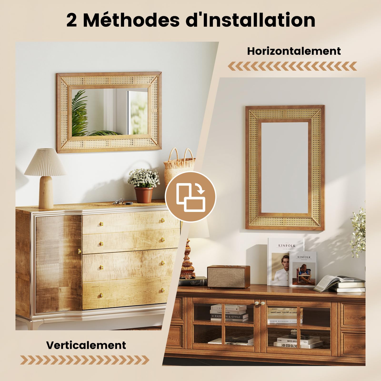 COSTWAY Miroir Mural en Rotin, Miroir Rectangulaire 90 x 60 cm, Cadre en Bois, Verre en Aluminium, Crochets et Vis d'Expansion, Miroir Decoration Murale pour Salon Chambre Entrée, Vertical/Horizontal