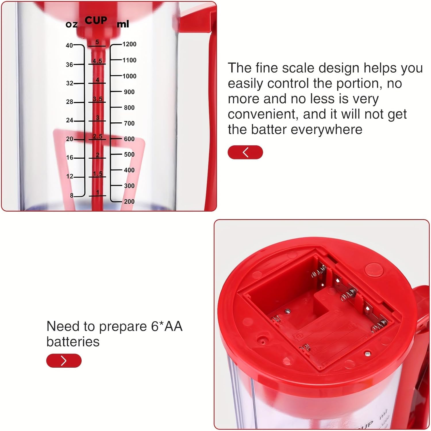 Jerliflyer Pancake Dispenser, Pancake Mixer And Dispenser Battery Batter Separator with Measurement Labels for Cupcakes,Waffles,Muffins(Red)