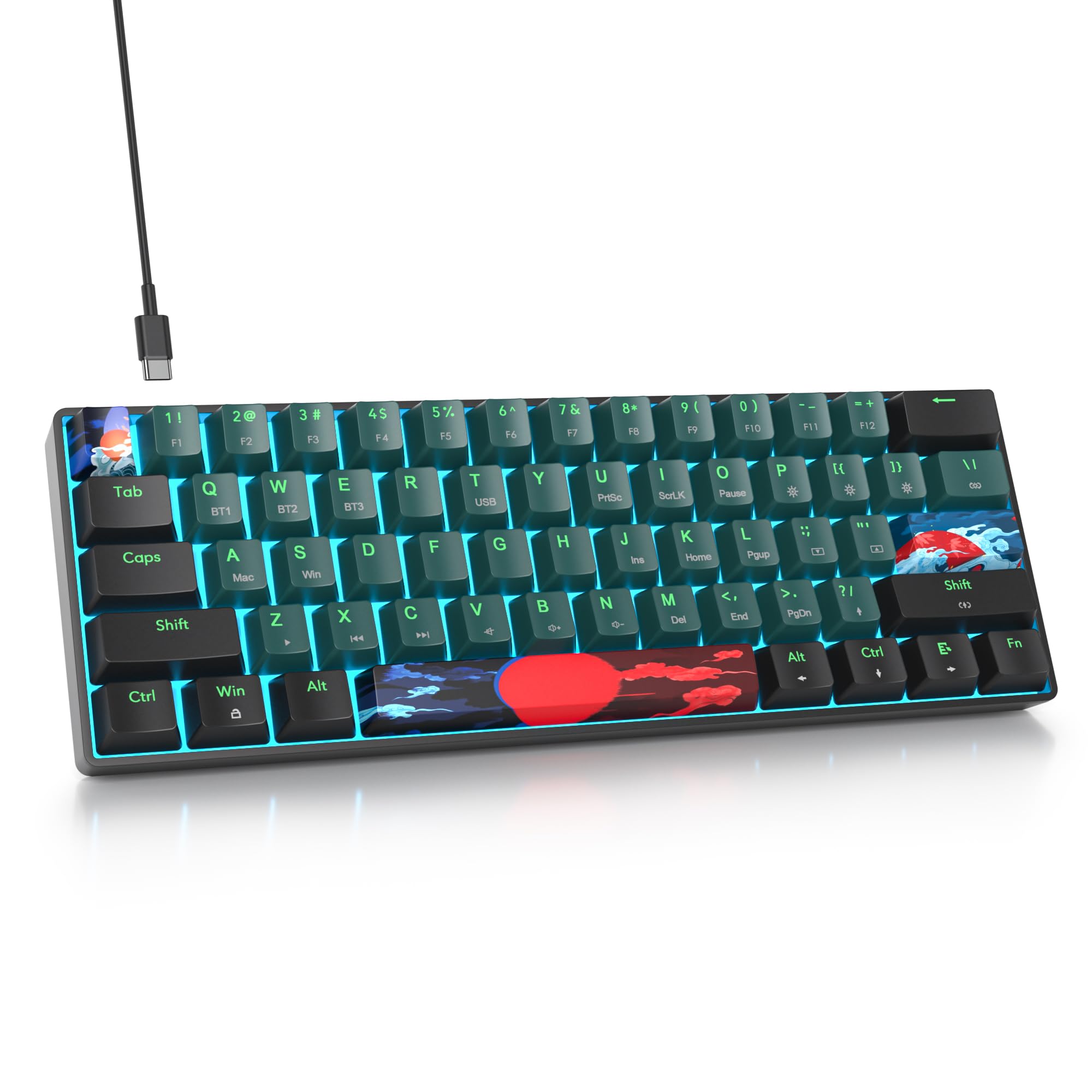 klawiatura gamingowa 60 procent bezprzewodowa, 60% klawiatura mechaniczna Bluetooth Wireless, podświetlenie RGB, układ American QWERTY dla graczy na PC i MAC (GT61-Sound Wave-Żółty)