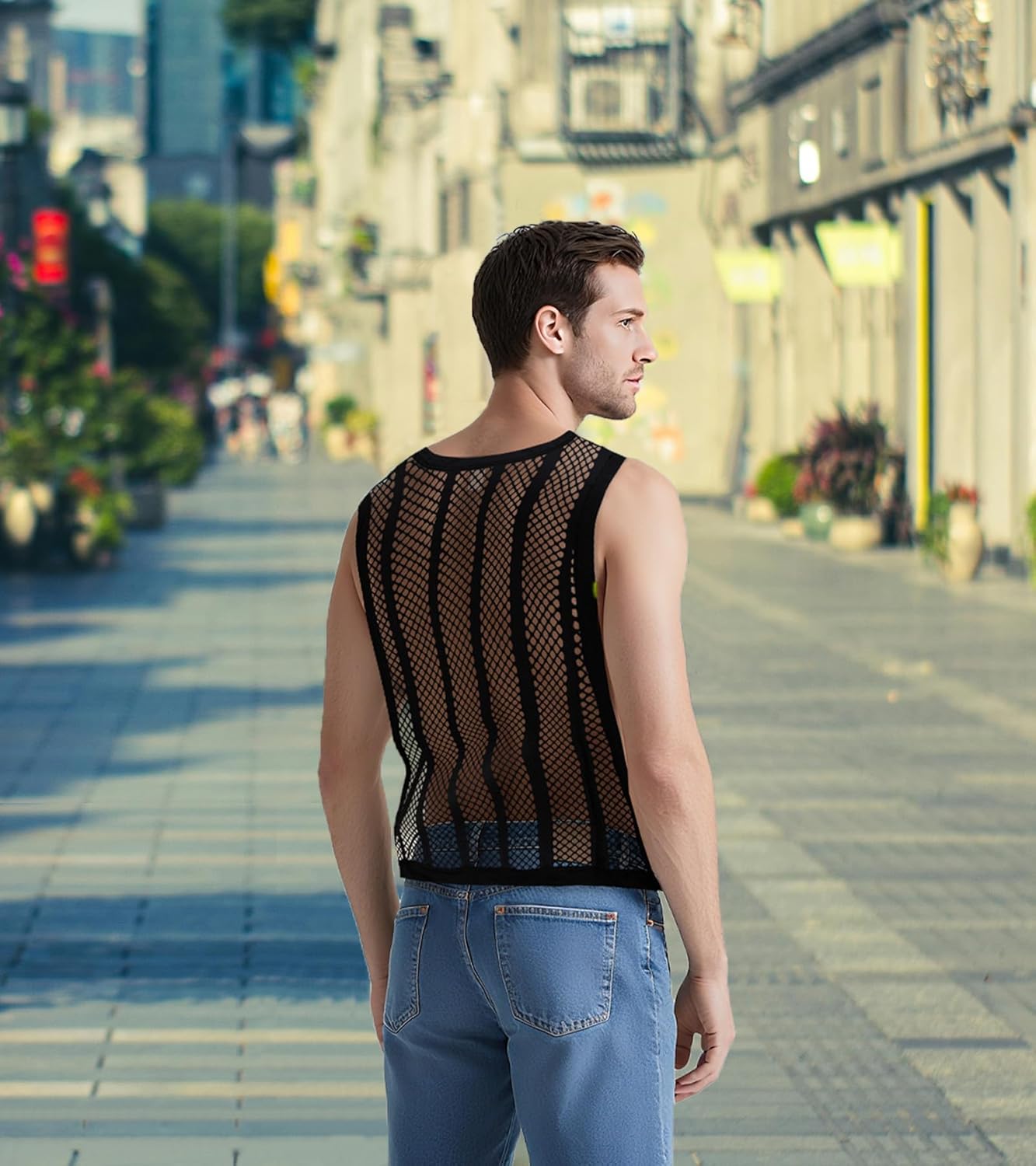 JINSHI Men's Mesh Shirts Fishnet Athletic Tank Tops Sexy Sleeveless Vest Male Loose Muscle Workout Swimwear - Image 3