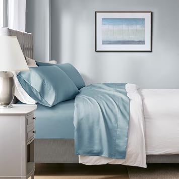 Madison Park 1000 Thread Count, Solid Color Sheet Set, Elastic Deep Pocket, All Season, Breathable, HeiQ Smart Temperature, Soft Cotton Blend Bedding, Matching Pillowcase, Full Blue 4 Piece