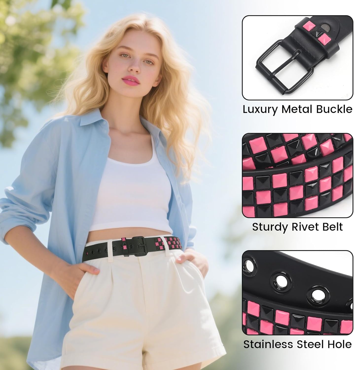 Studded Belt, Metal Punk Rock Rivet belt with Bright Pyramid Studded for Women Men - Image 4