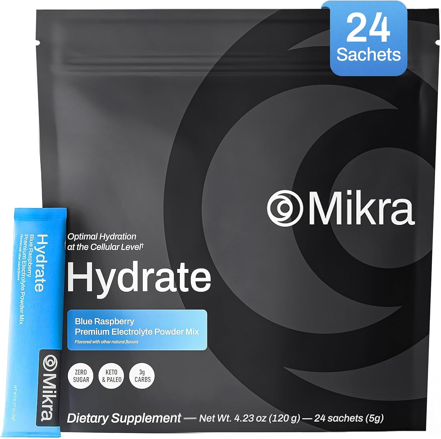 Mikra Hydrate Electrolytes Powder Packets, Sugar Free Hydration Powder Sticks, Naturally Flavored Electrolyte Drink Mix for Needed Hydration Support, Daily Wellness & Workout, Blue Raspberry, 24 Pack